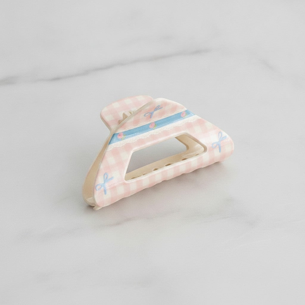 Pink Gingham Hair Claw With Blue Bow Detail – hair accessories (view 2)