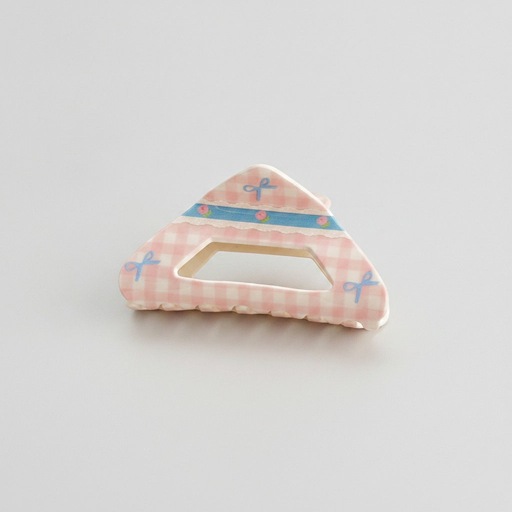 Pink Gingham Hair Claw With Blue Bow Detail – hair accessories (view 1)