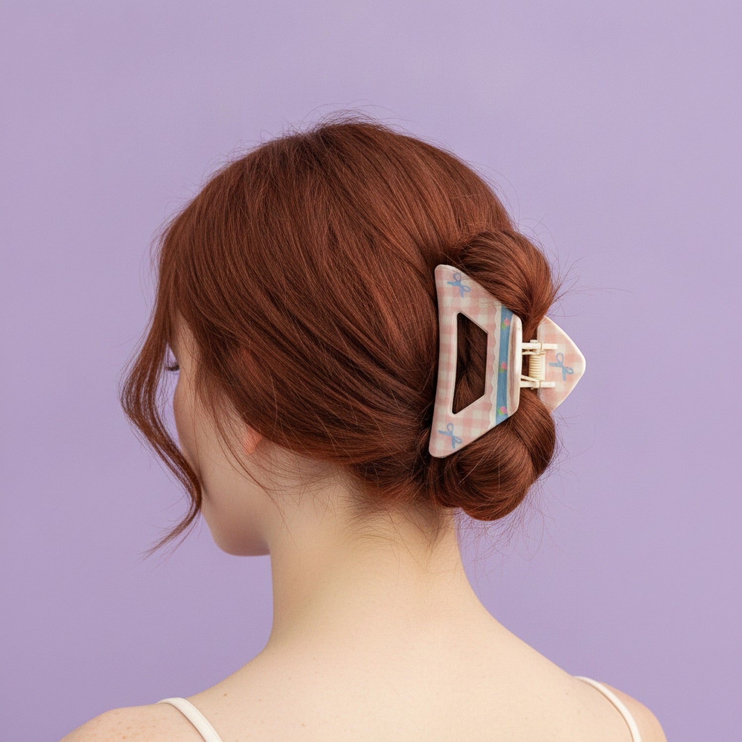 Pink Gingham Hair Claw With Blue Bow Detail