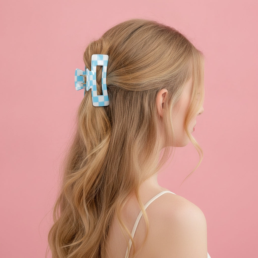 Hair Claw Clip - Blue White Grid 10.5cm – hair accessories (view 2)