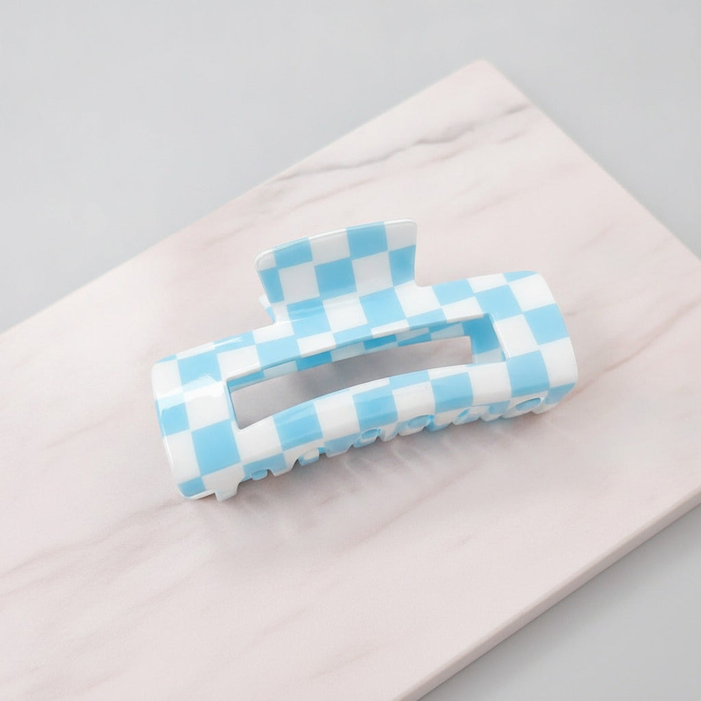 Hair Claw Clip - Blue White Grid 10.5cm