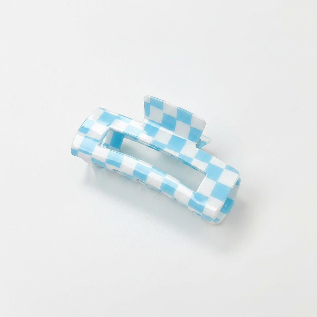 Hair Claw Clip - Blue White Grid 10.5cm