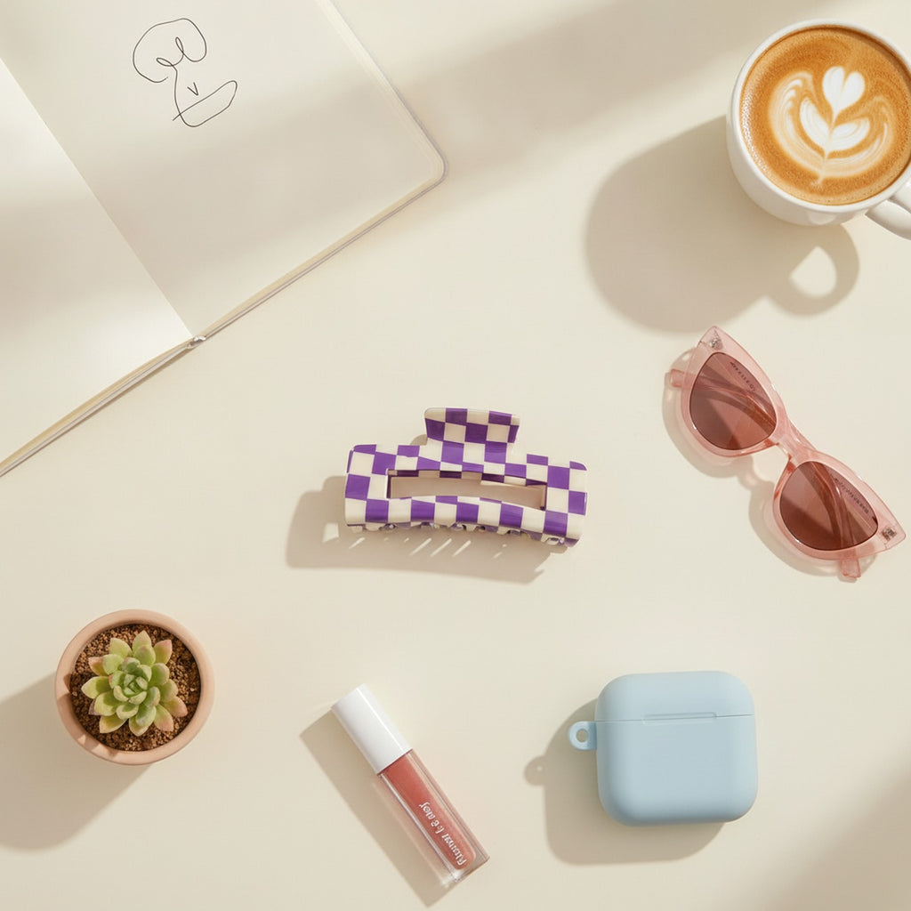 Hair Claw Clip - Purple Grid 10.5cm – hair accessories (view 3)