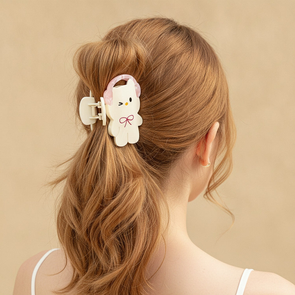Cream Plush Ear Claw Clip With Bow – hair accessories (view 3)