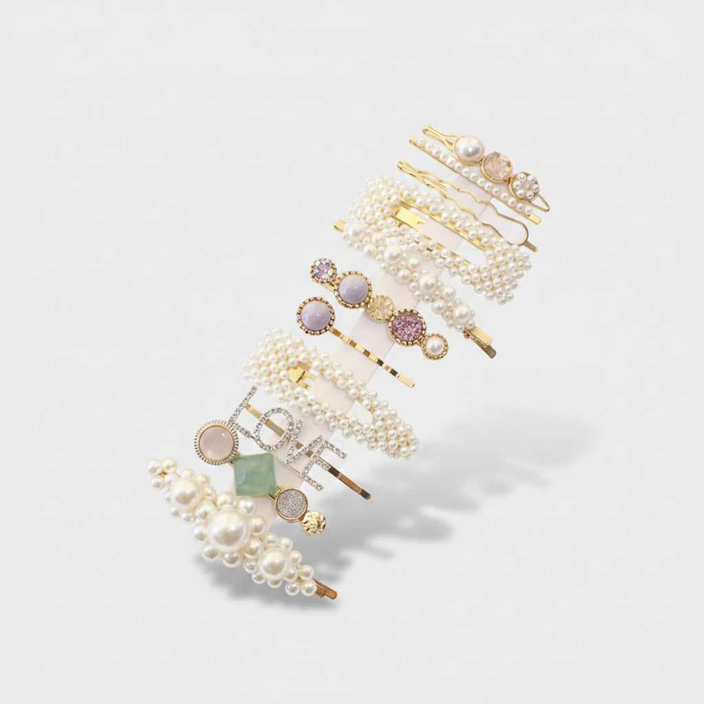 Pearl Beaded Hair Clips Set Gold Tone