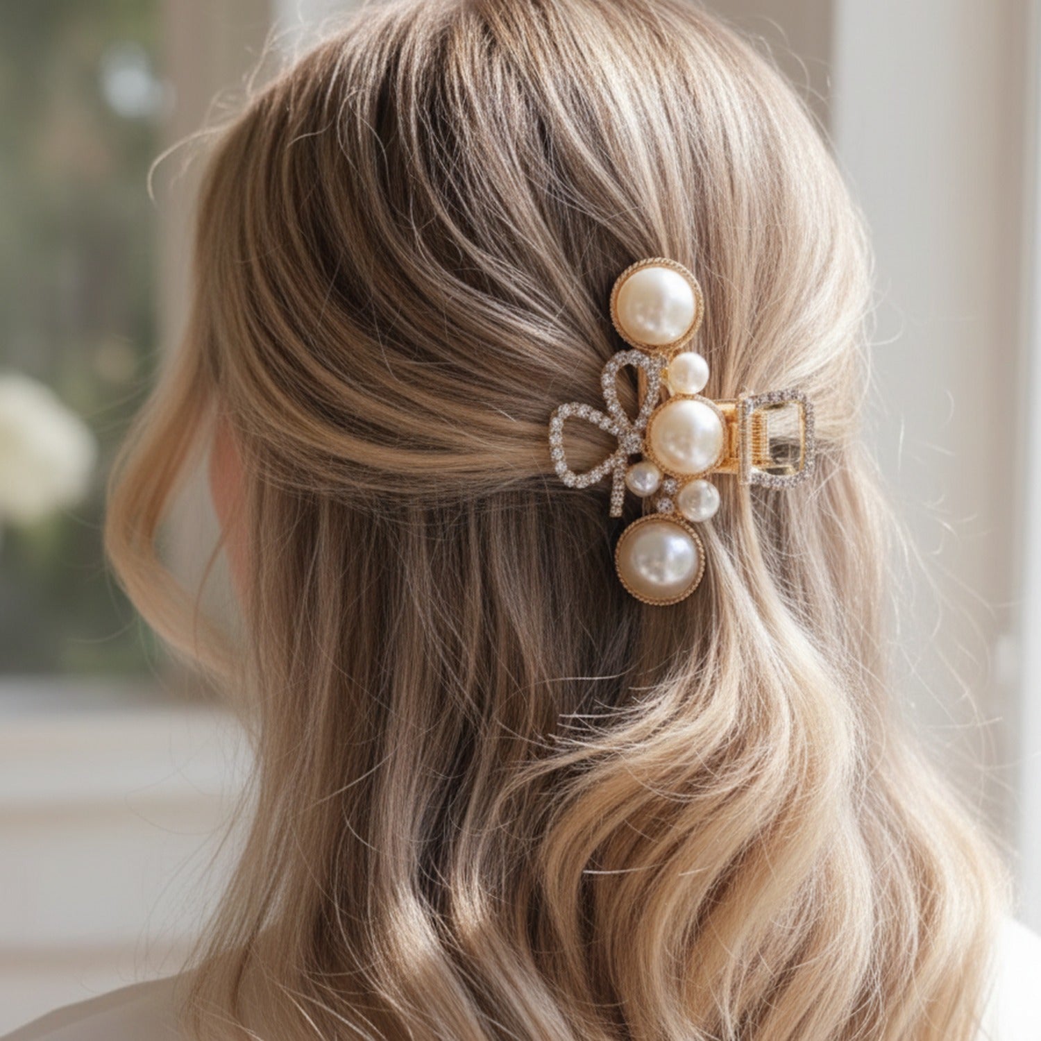 Pearl Beaded Hair Clips Set Gold Bow