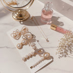 Pearl Beaded Hair Clips Set Gold Bow – hair accessories (view 2)