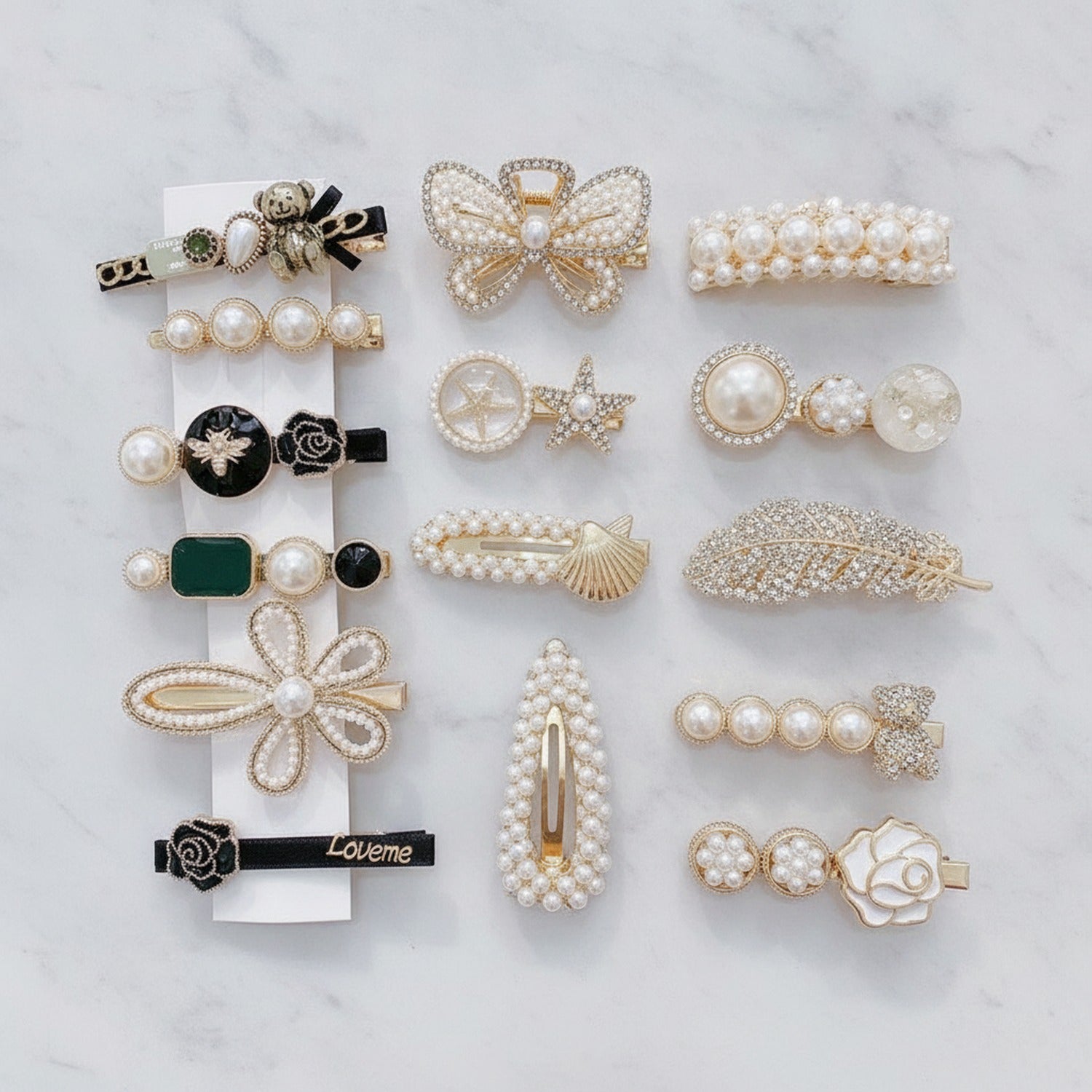 Pearl Beaded Hair Clips Set Gold Bow
