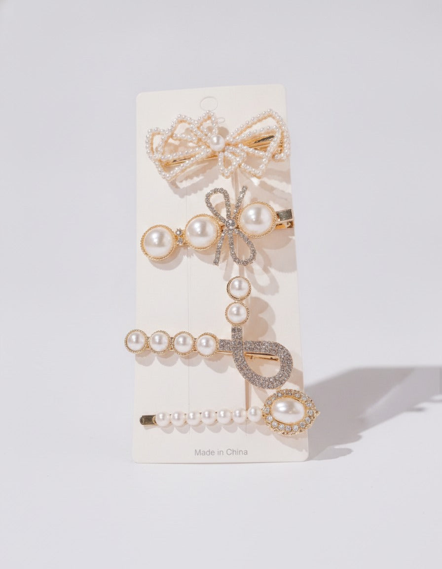 Pearl Beaded Hair Clips Set Gold Bow – hair accessories (view 1)