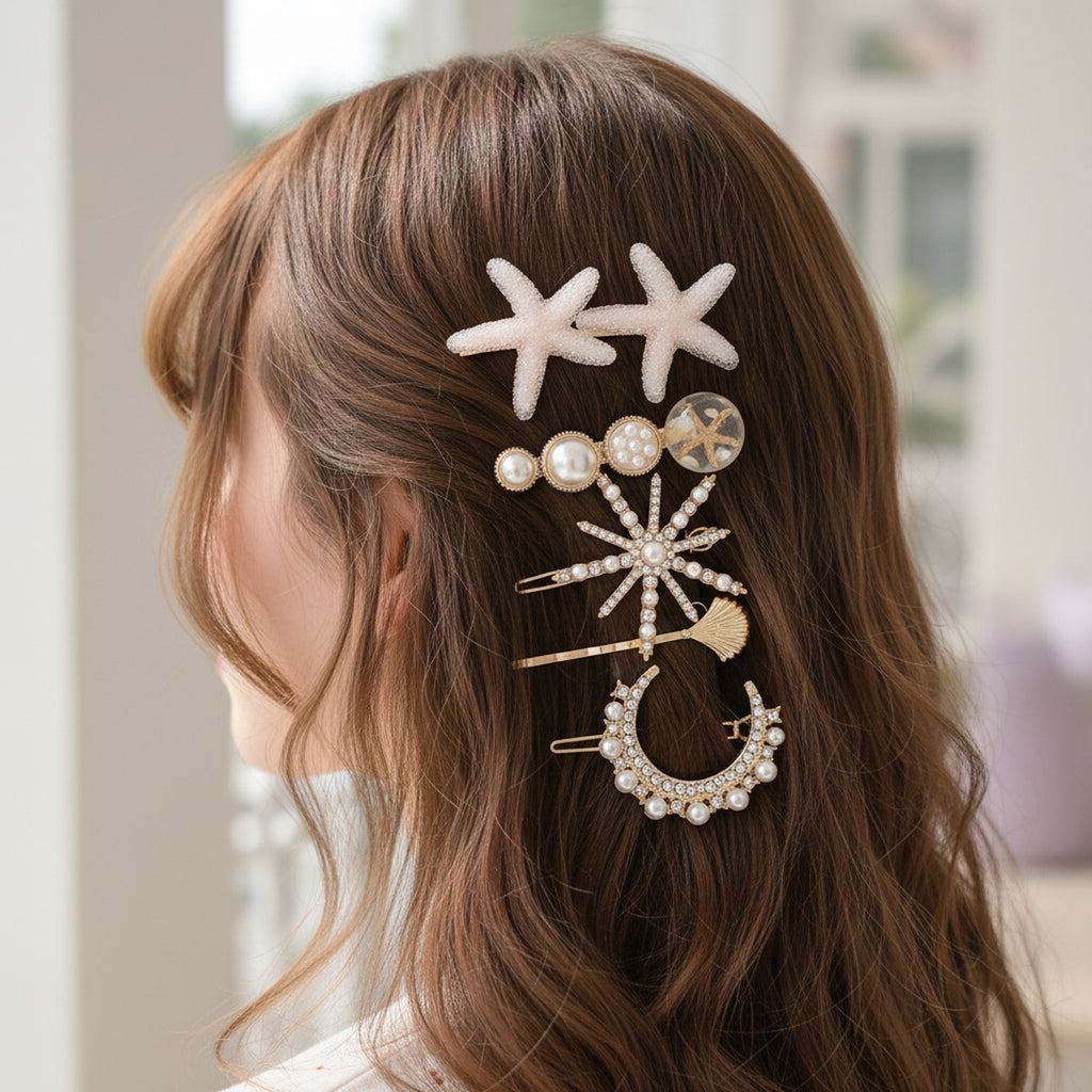 Pearl & Rhinestone Shell Hair Clip Set