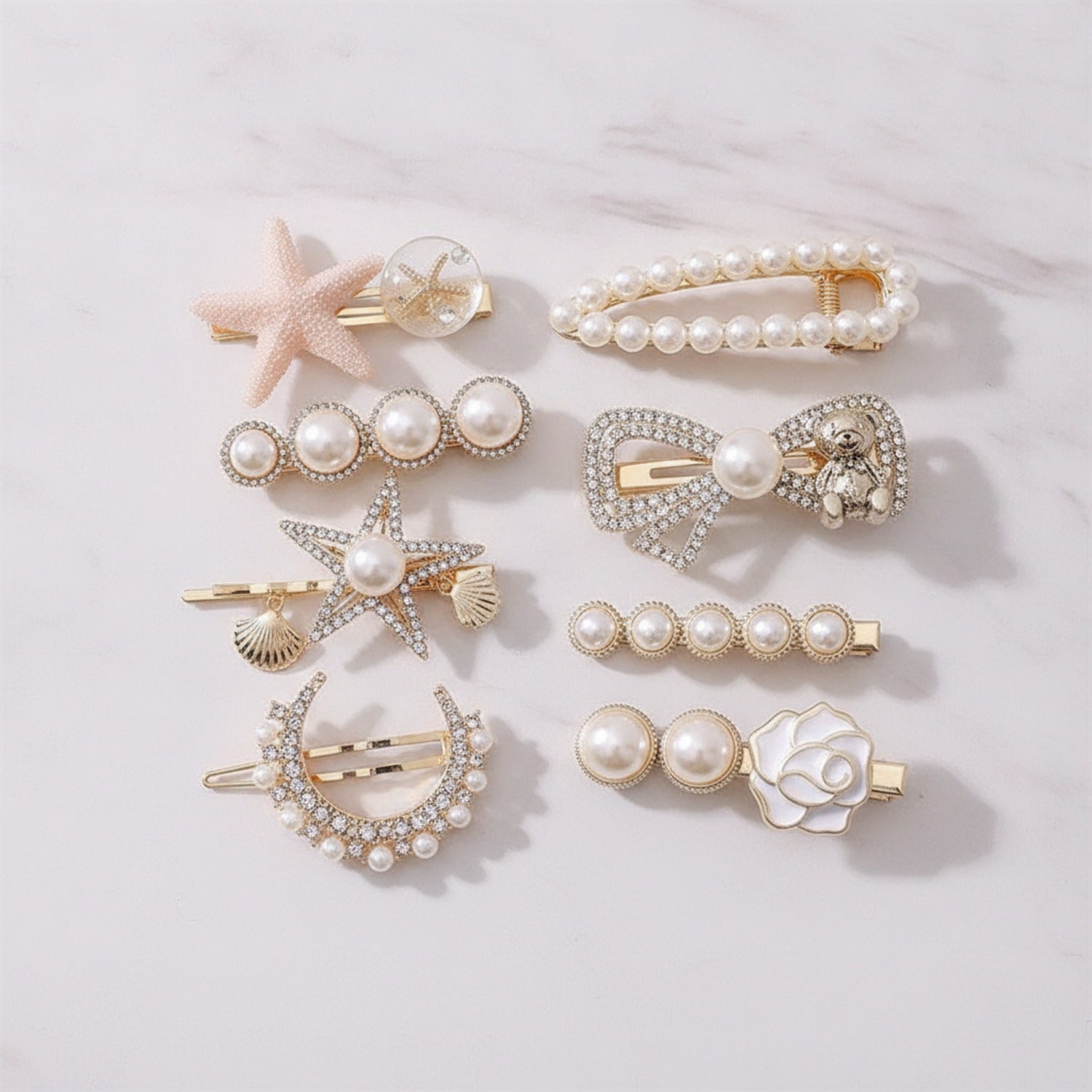 Pearl & Rhinestone Shell Hair Clip Set