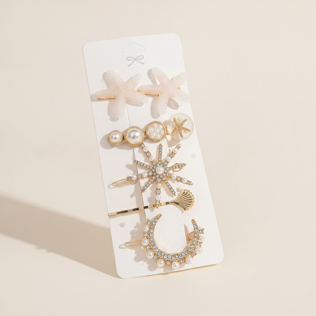 Pearl & Rhinestone Shell Hair Clip Set – hair accessories (view 1)