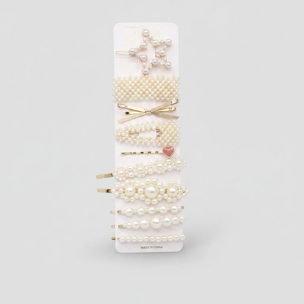 Pearl Beaded Hair Clips Set With Heart Charm