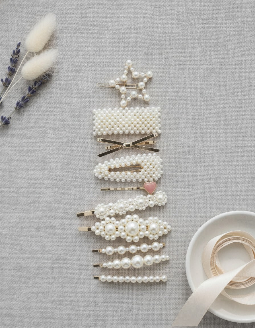 Pearl Beaded Hair Clips Set With Heart Charm – hair accessories (view 2)