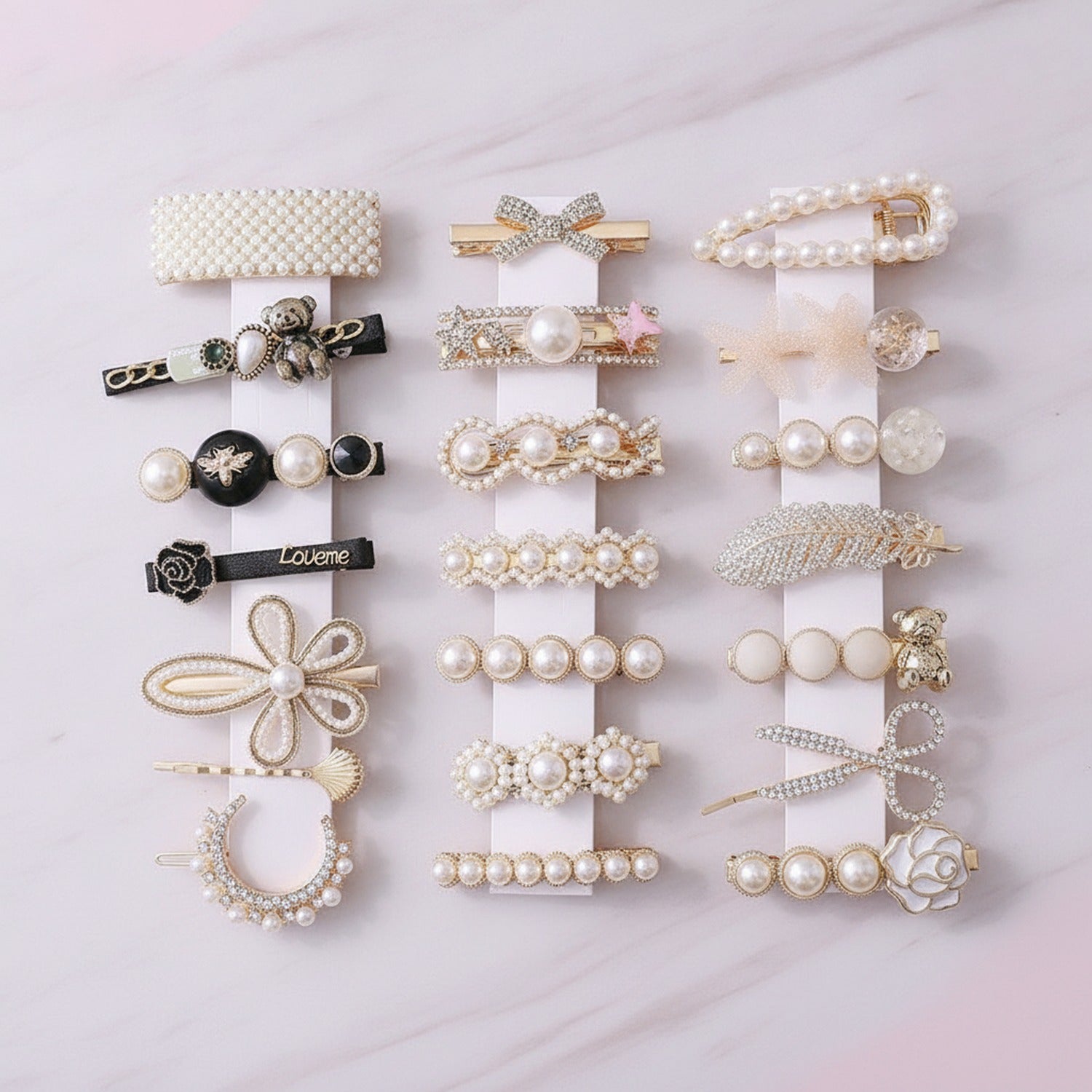 Pearl Beaded Hair Clips Set With Heart Charm