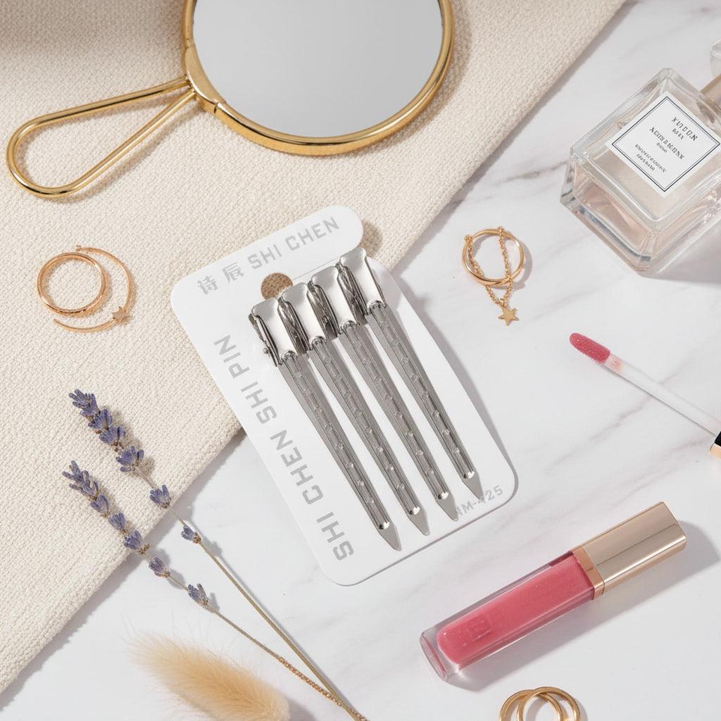Silver Minimalist Hair Clips Set With Geometric Pattern – hair accessories (view 3)