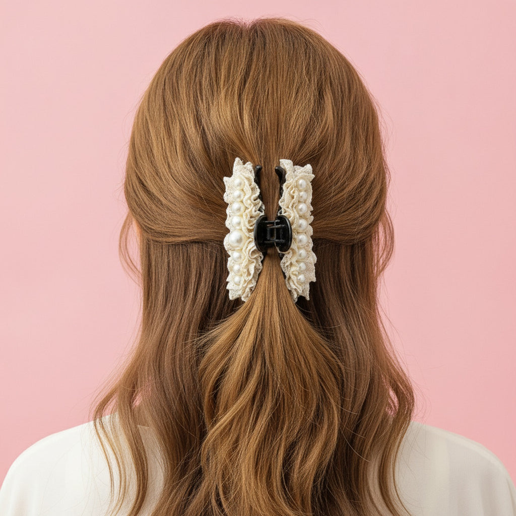 Cream Lace Pearl Hair Claw Clip – hair accessories (view 3)