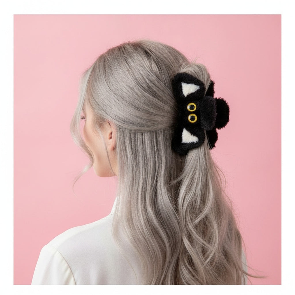 Black Fuzzy Cat Hair Claw Clip – hair accessories (view 2)