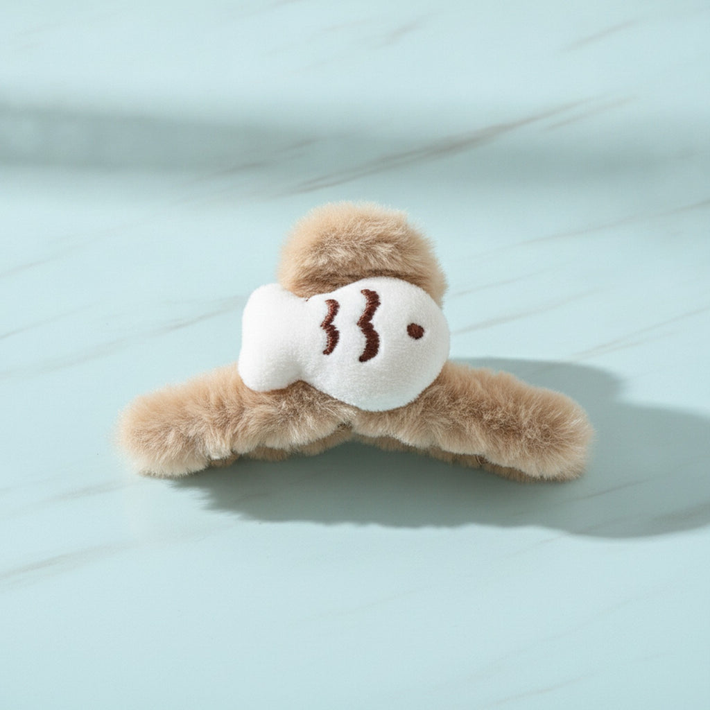 Beige Fluffy Sleeping Face Hair Claw – hair accessories (view 2)
