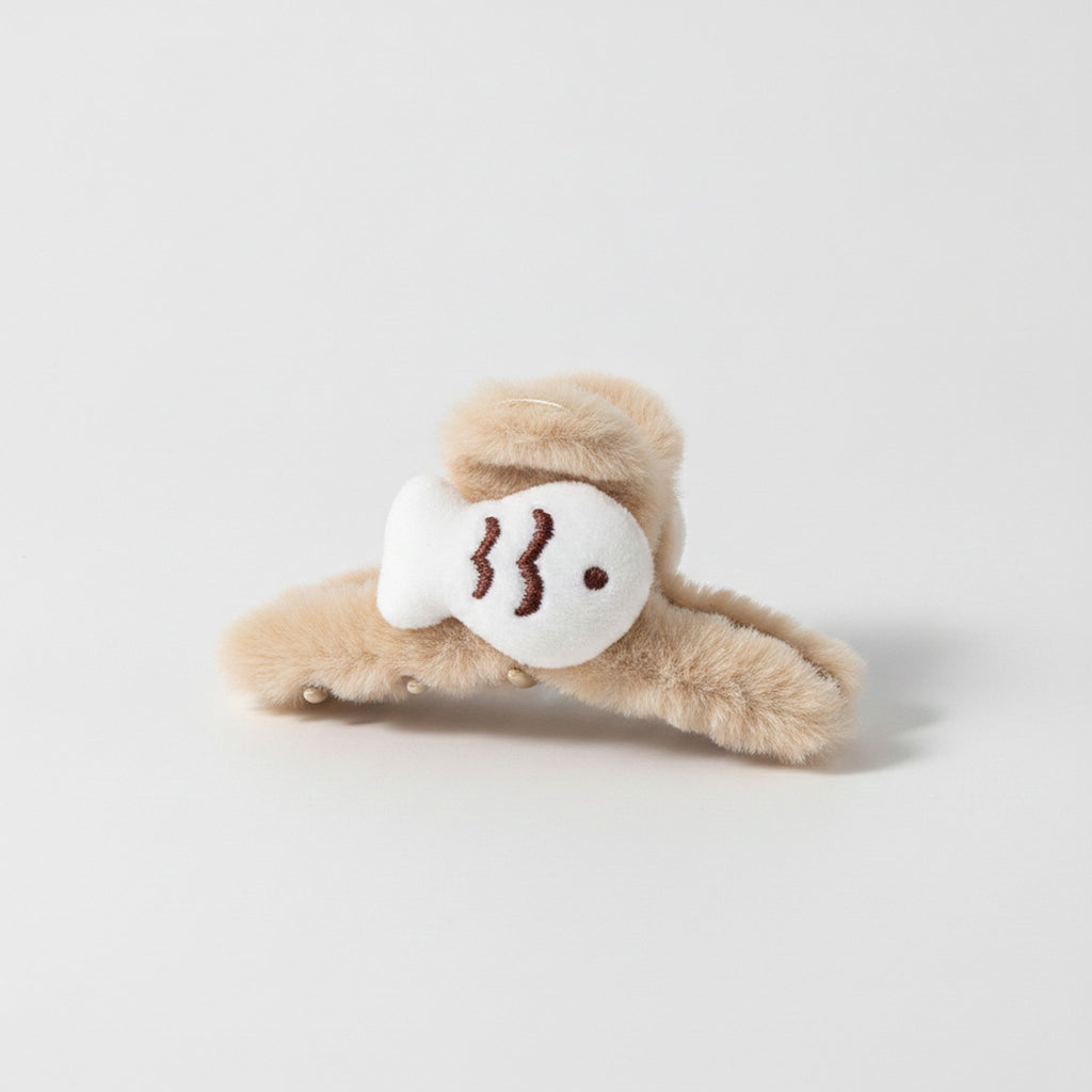 Beige Fluffy Sleeping Face Hair Claw – hair accessories (view 1)