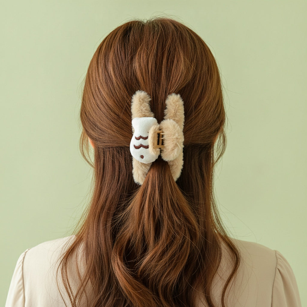 Beige Fluffy Sleeping Face Hair Claw – hair accessories (view 3)