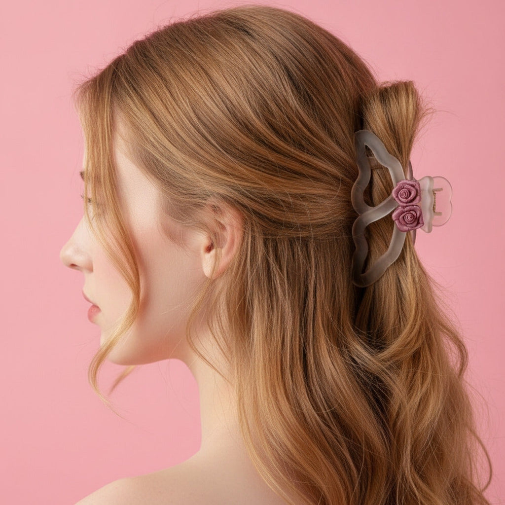 Rose Flower Hair Claw Clip - Transparent Pink Flower Hair Clip