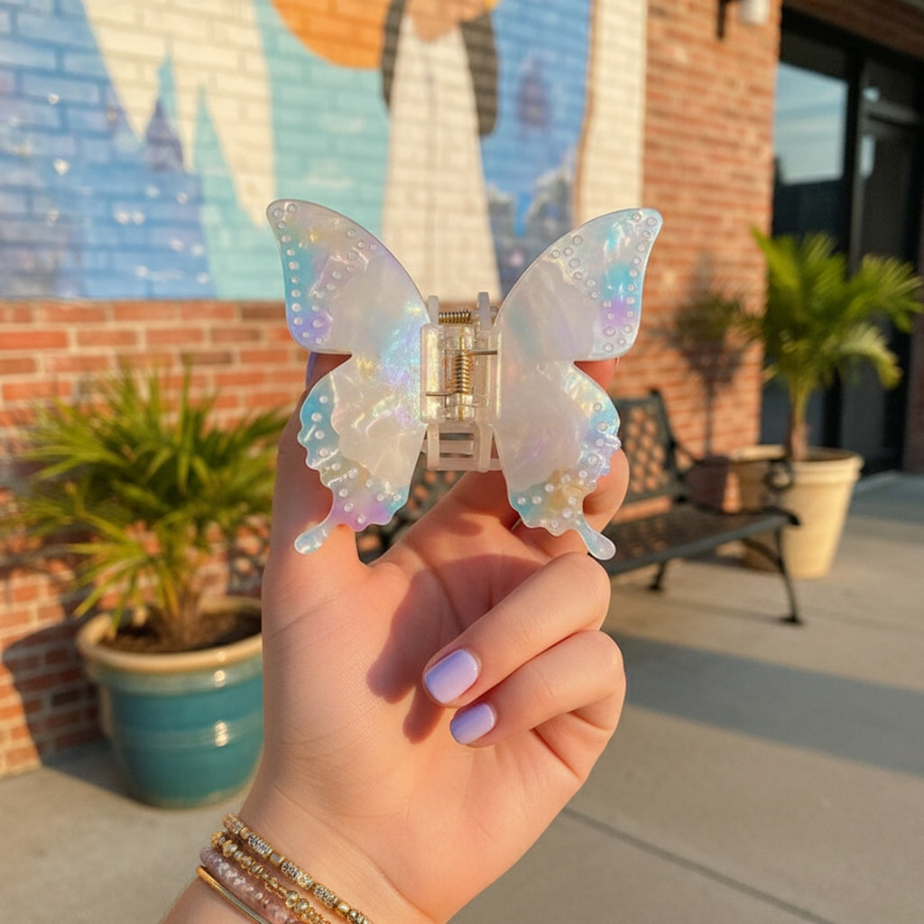 Butterfly Pearl Beaded Hair Claw Clip - Rainbow White 8.5cm – hair accessories (view 3)