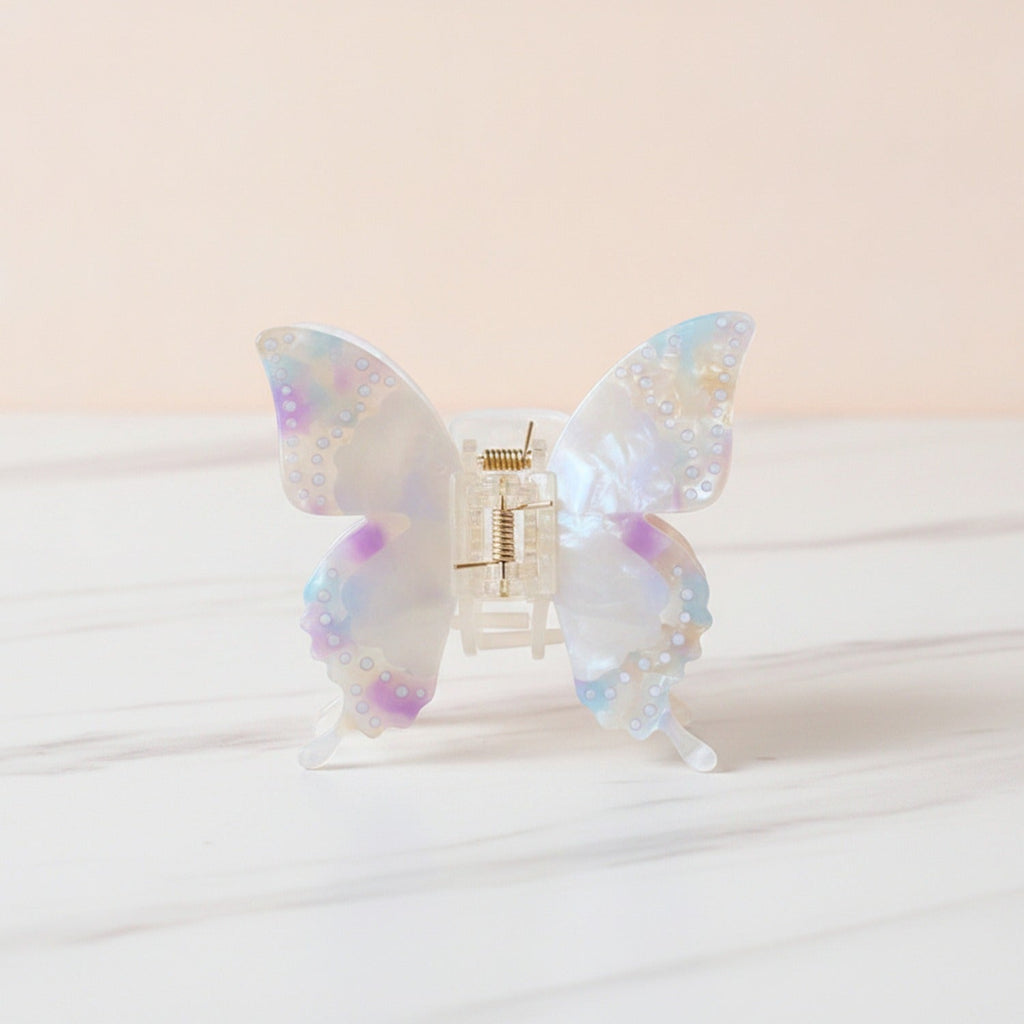 Butterfly Pearl Beaded Hair Claw Clip - Rainbow White 8.5cm