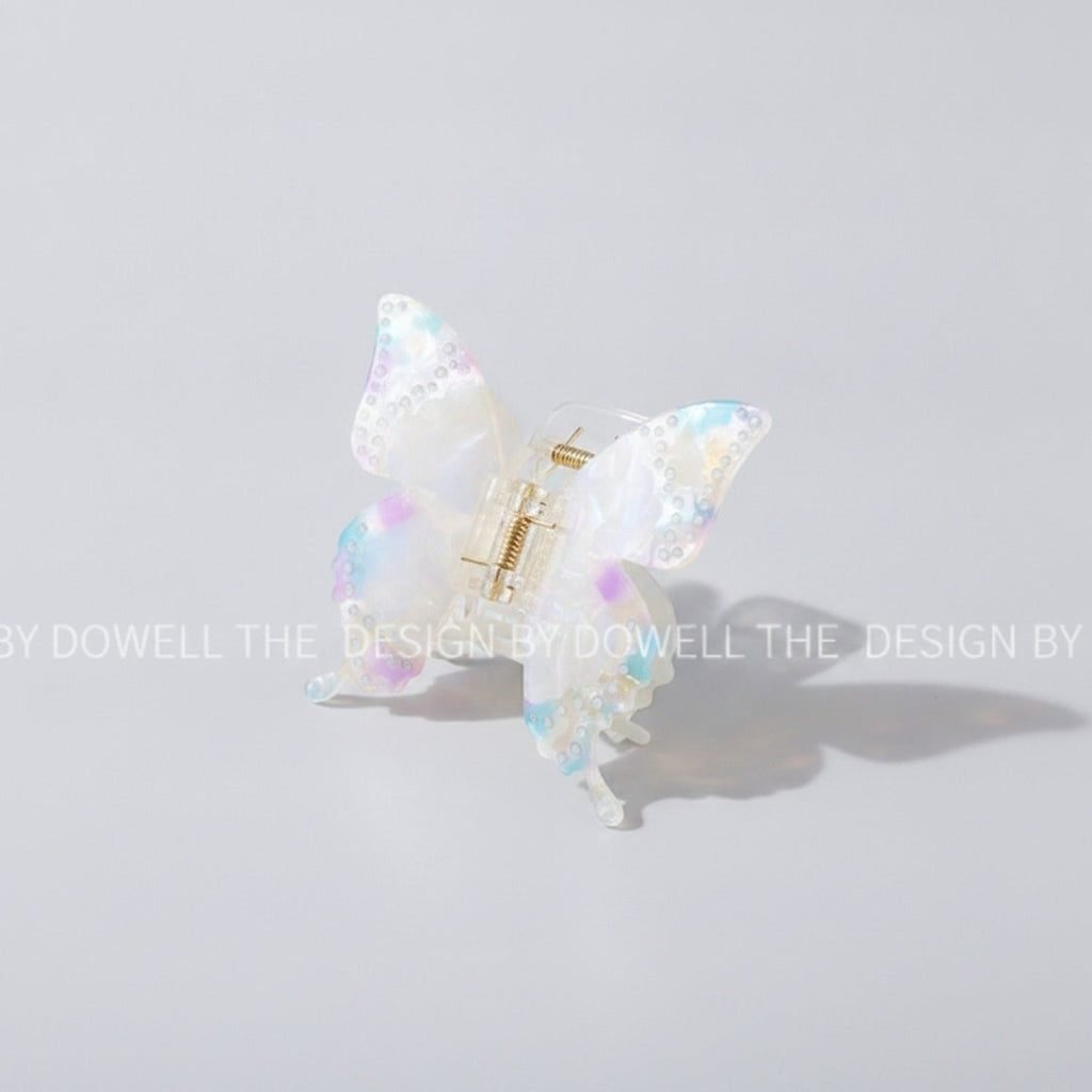 Butterfly Pearl Beaded Hair Claw Clip - Rainbow White 8.5cm