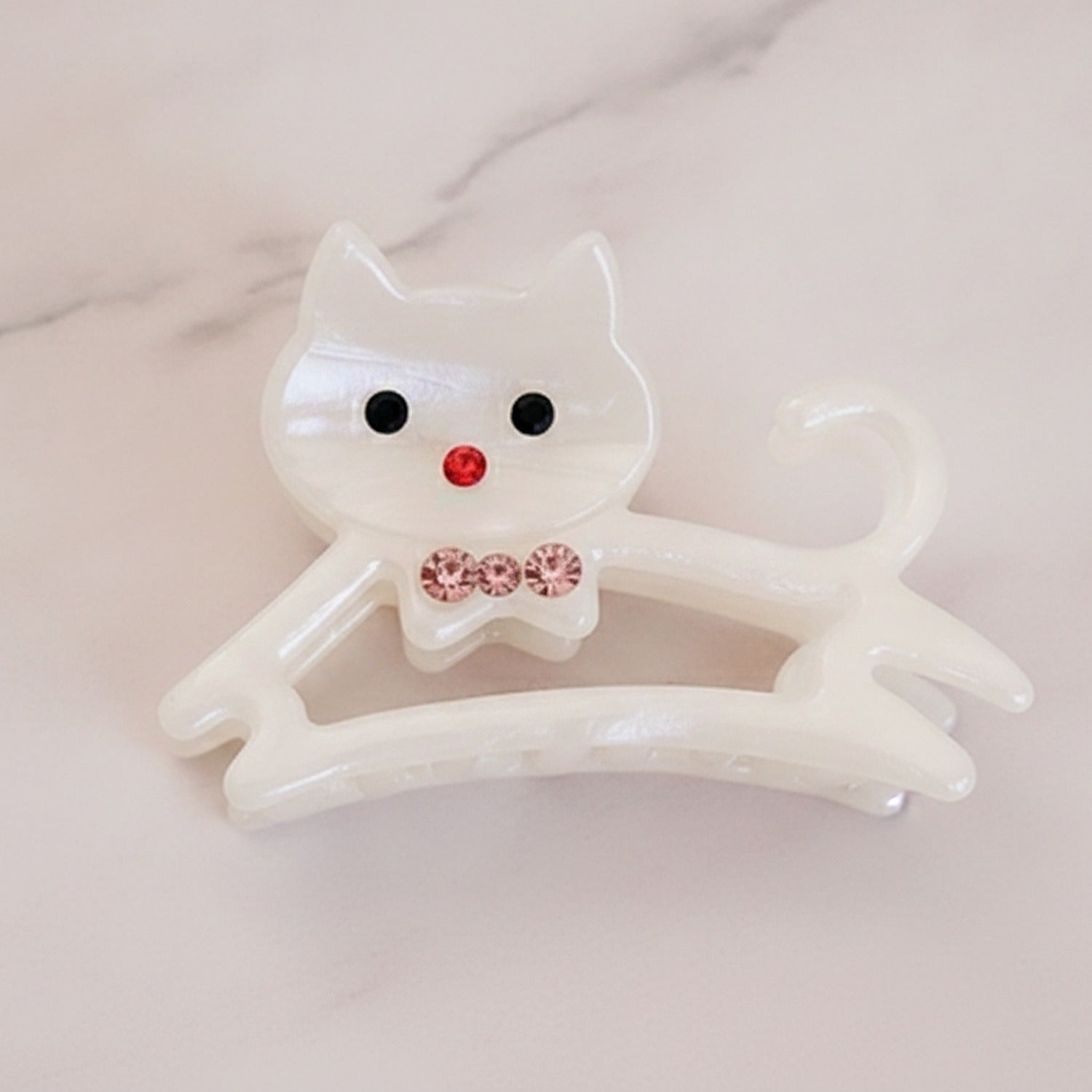 Cat Hair Claw With Rhinestone Bow - Rainbow White 6.1cm