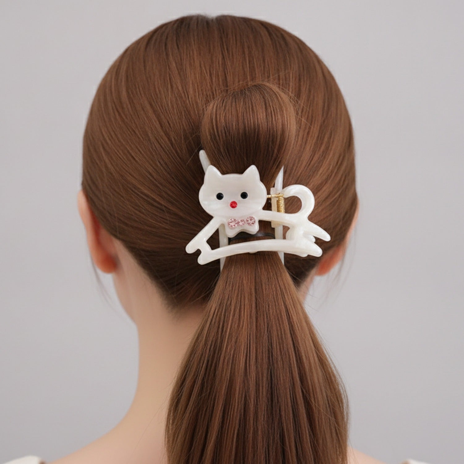 Cat Hair Claw With Rhinestone Bow - Rainbow White 6.1cm