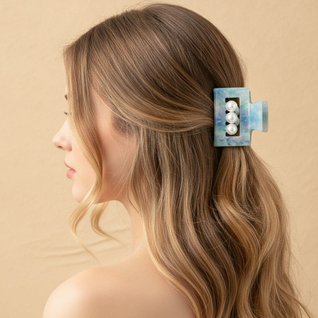 Pearl Accent Marble Hair Claw Clip - Blue