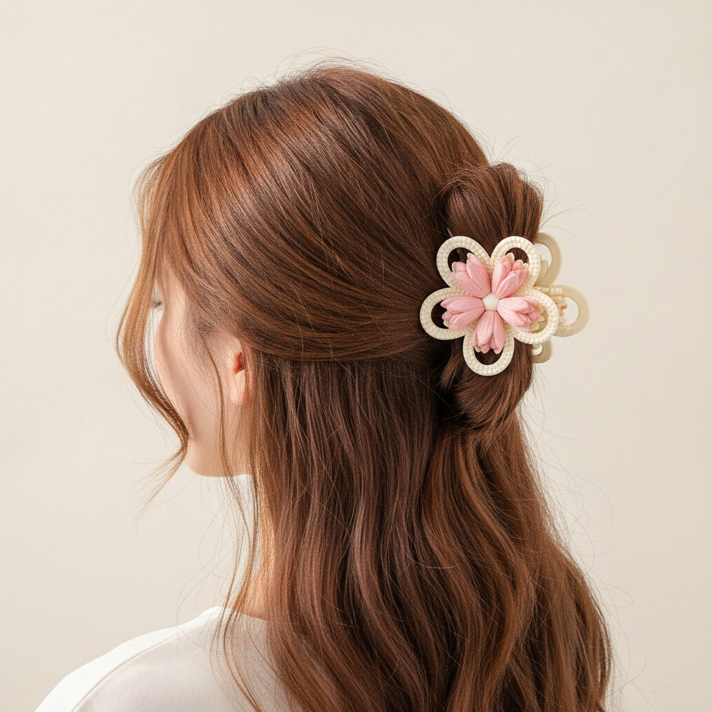 Pearl Beaded Flower Hair Claw - Pink #1