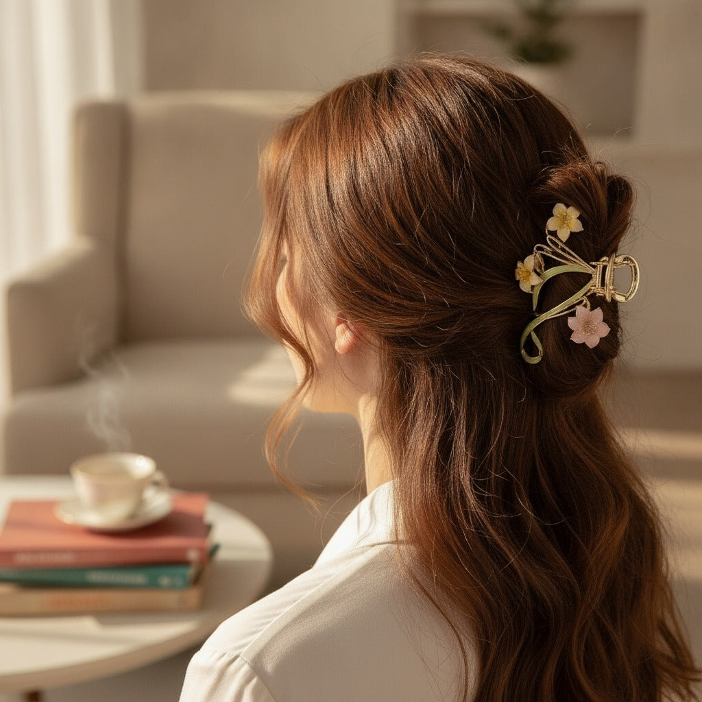 Floral Pearl Hair Claw Clip - Light Purple