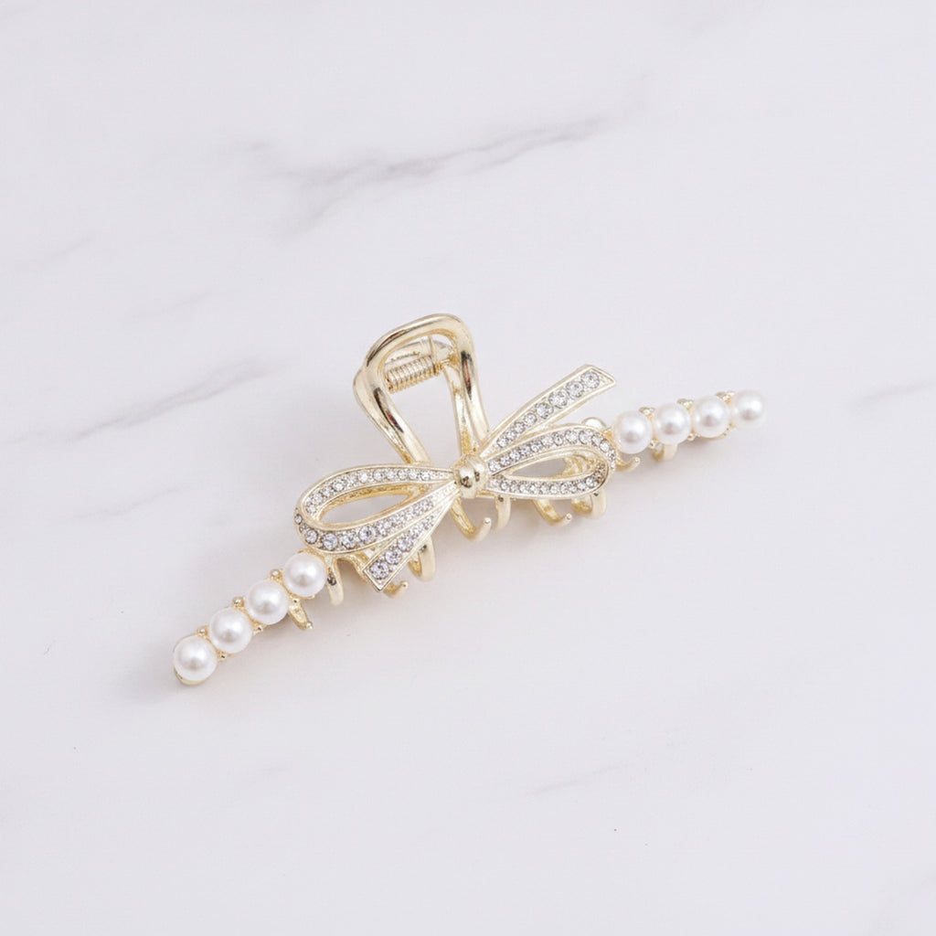 Gold Pearl And Rhinestone Bow Hair Claw – hair accessories (view 2)