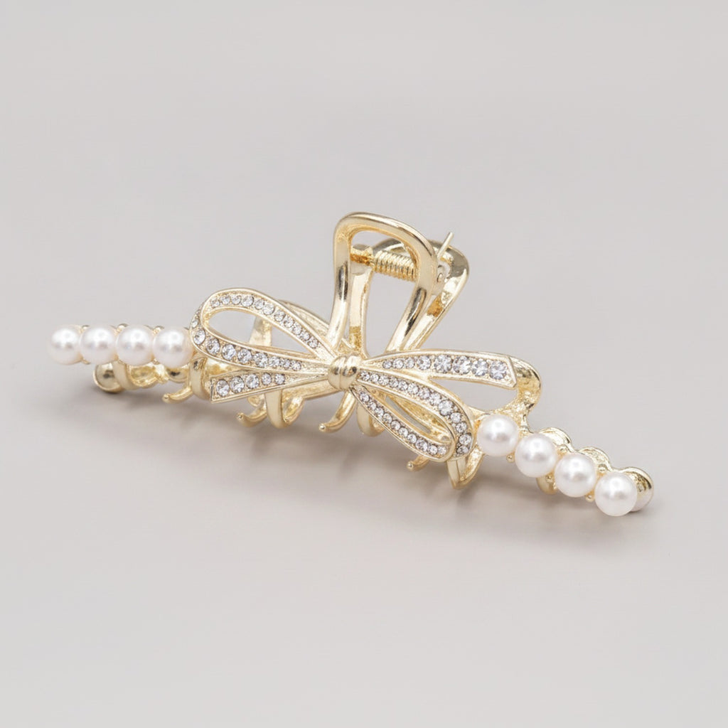 Gold Pearl And Rhinestone Bow Hair Claw – hair accessories (view 1)