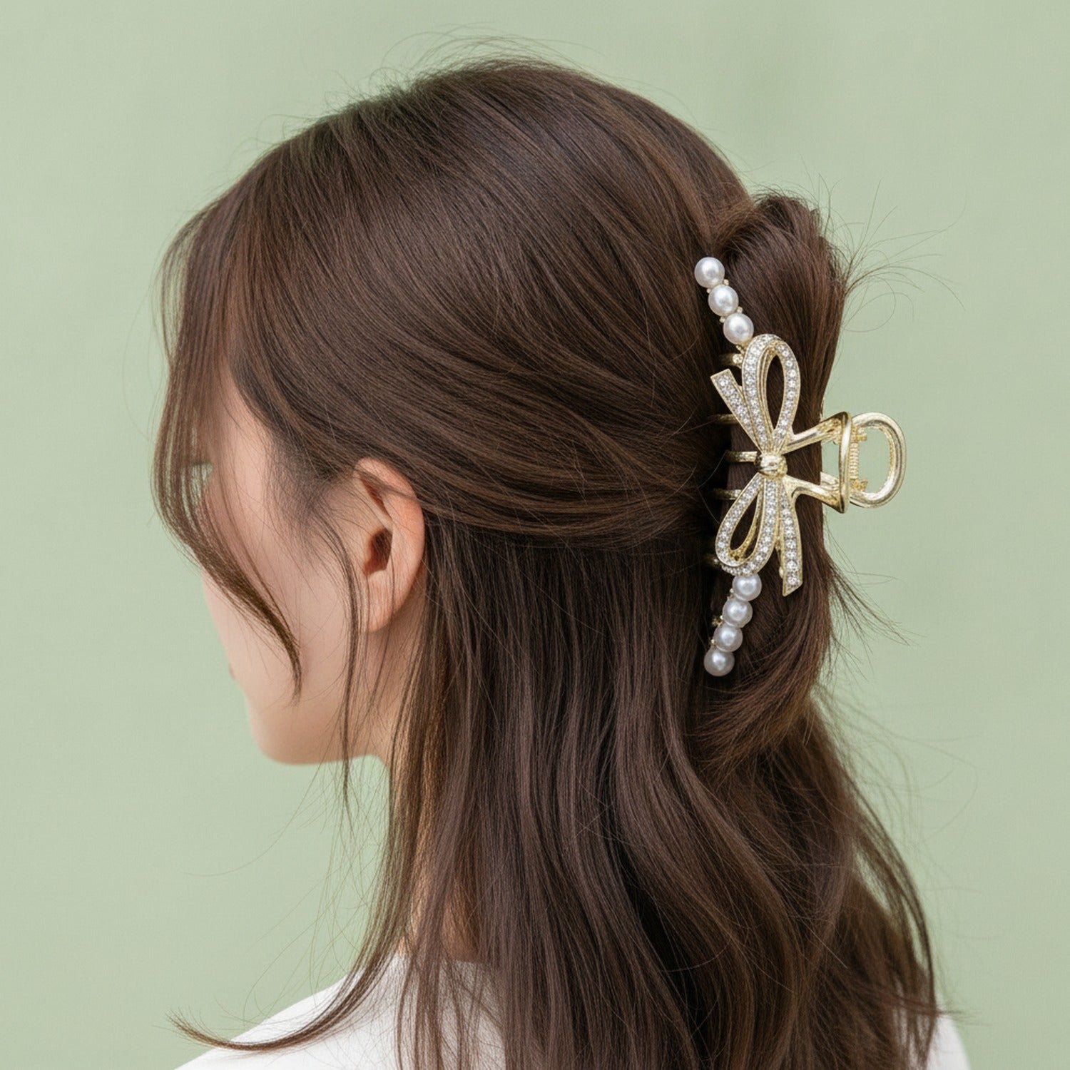 Gold Pearl And Rhinestone Bow Hair Claw