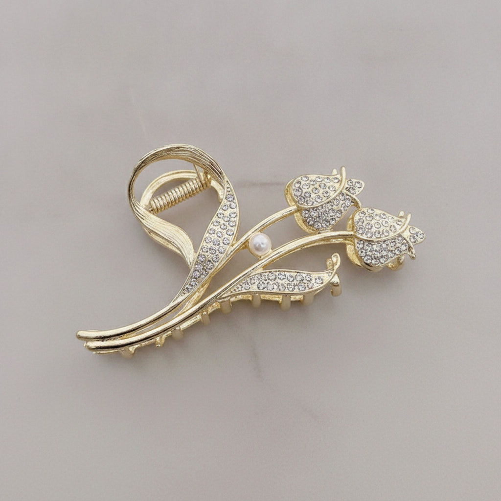 Gold Rhinestone Flower Pearl Hair Claw – hair accessories (view 2)