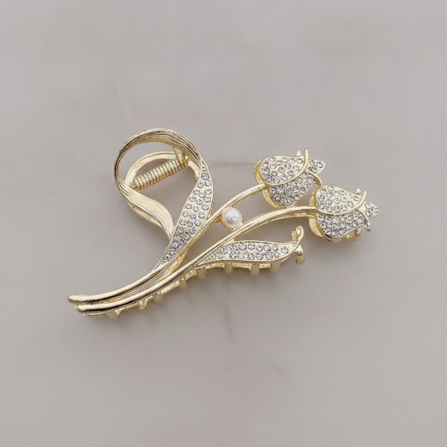 Gold Rhinestone Flower Pearl Hair Claw
