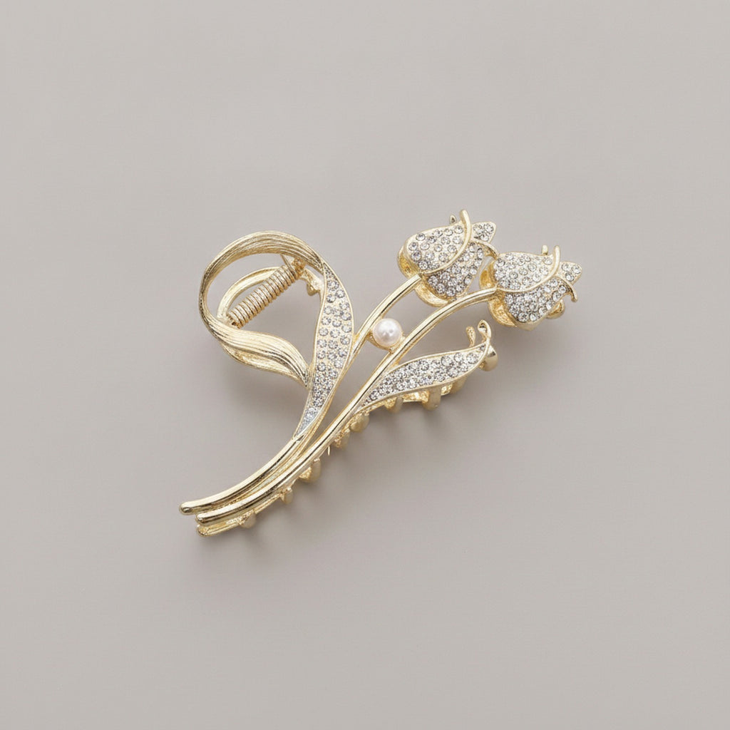 Gold Rhinestone Flower Pearl Hair Claw – hair accessories (view 1)