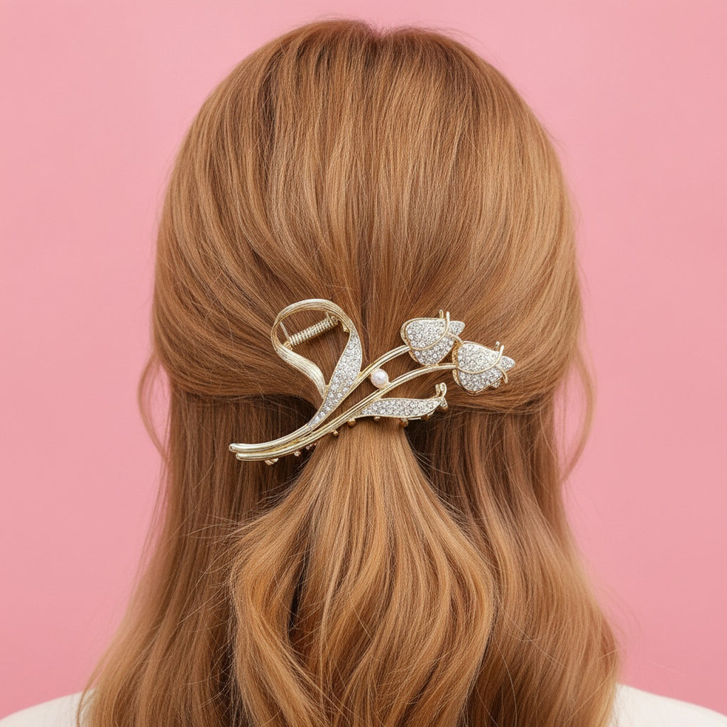 Gold Rhinestone Flower Pearl Hair Claw – hair accessories (view 3)