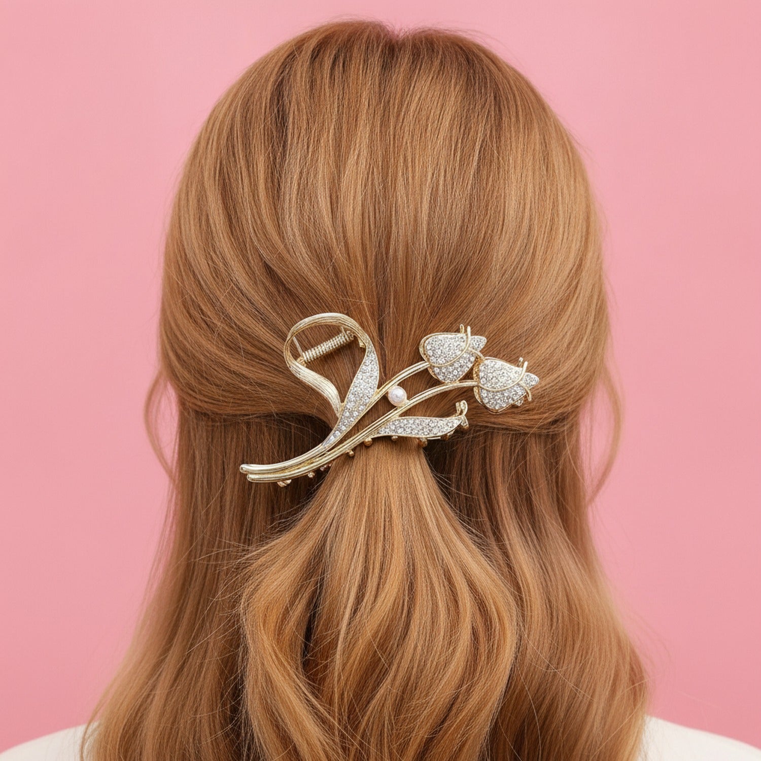Gold Rhinestone Flower Pearl Hair Claw