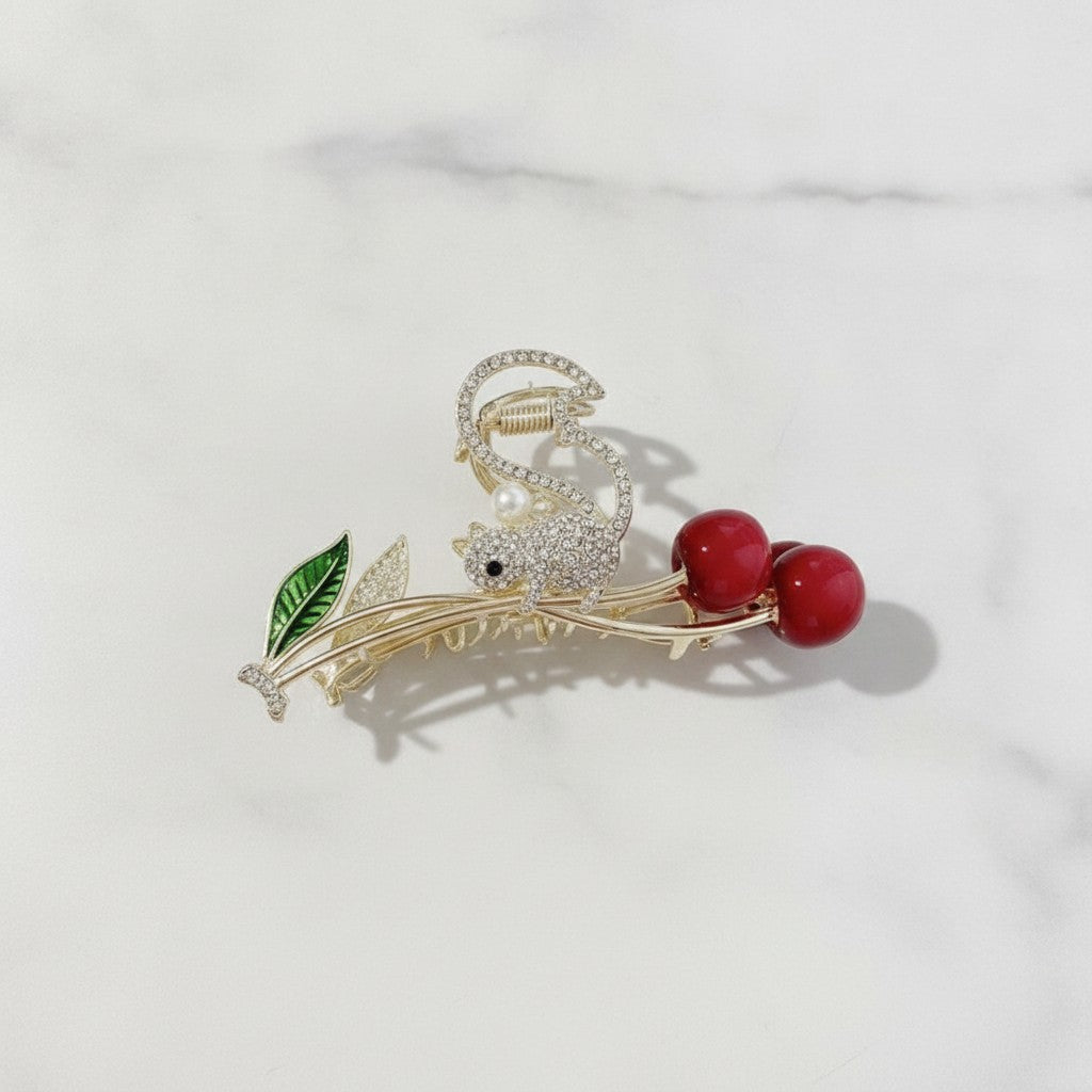 Rhinestone Mouse Cherry Branch Hair Claw – hair accessories (view 3)