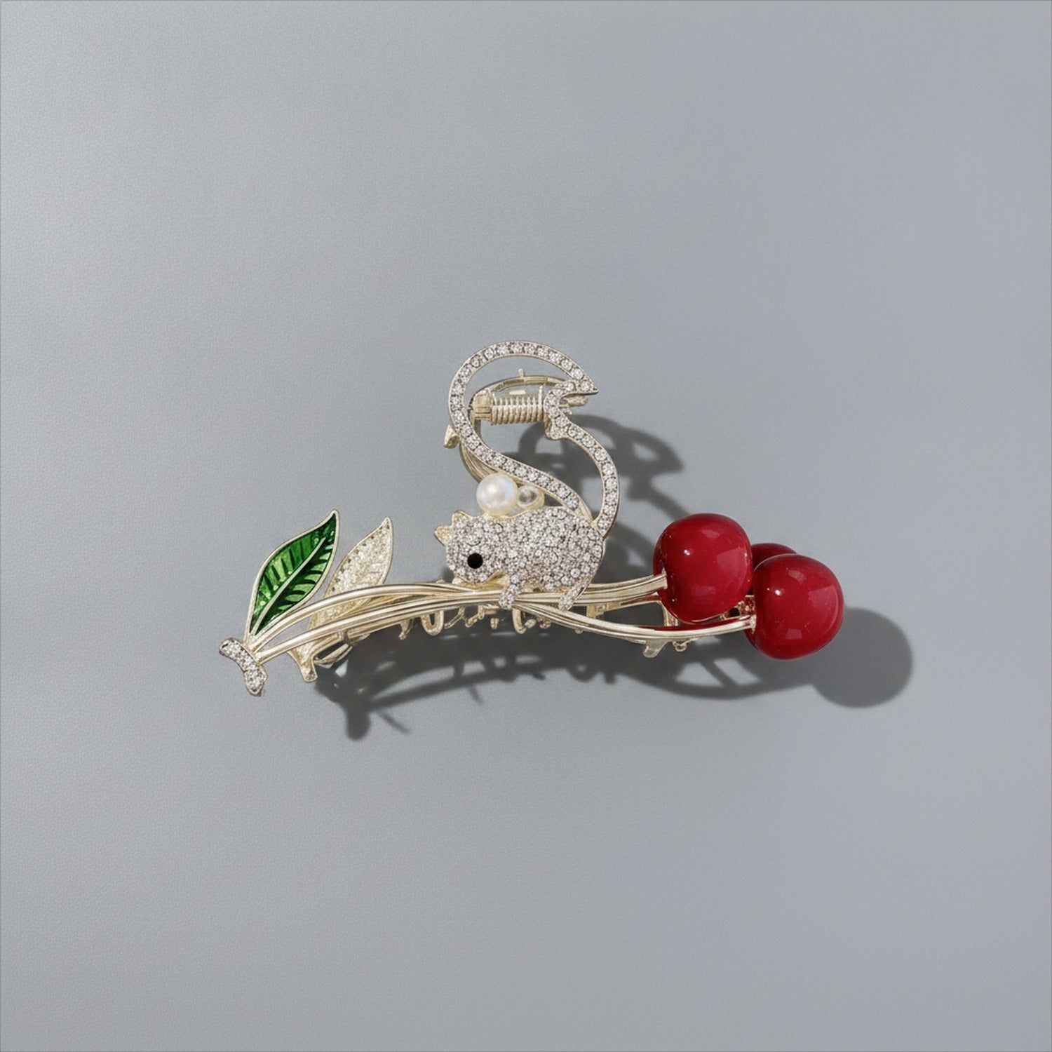 Rhinestone Mouse Cherry Branch Hair Claw