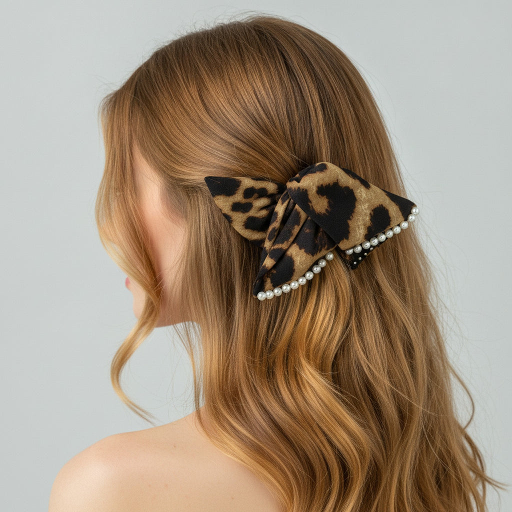 Pearl-Beaded Leopard Print Butterfly Hair Claw – hair accessories (view 2)