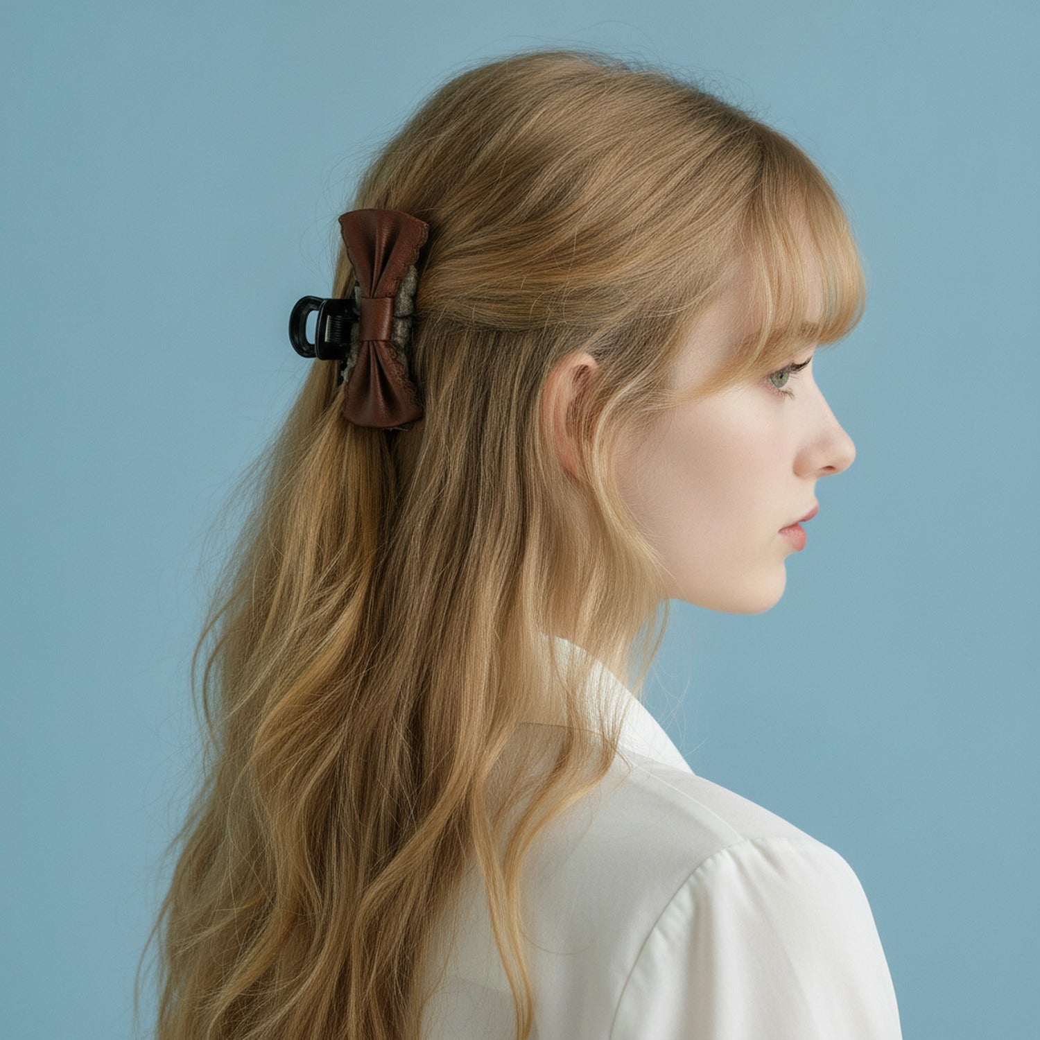 Wool Hair Claw With Brown Leather Bow