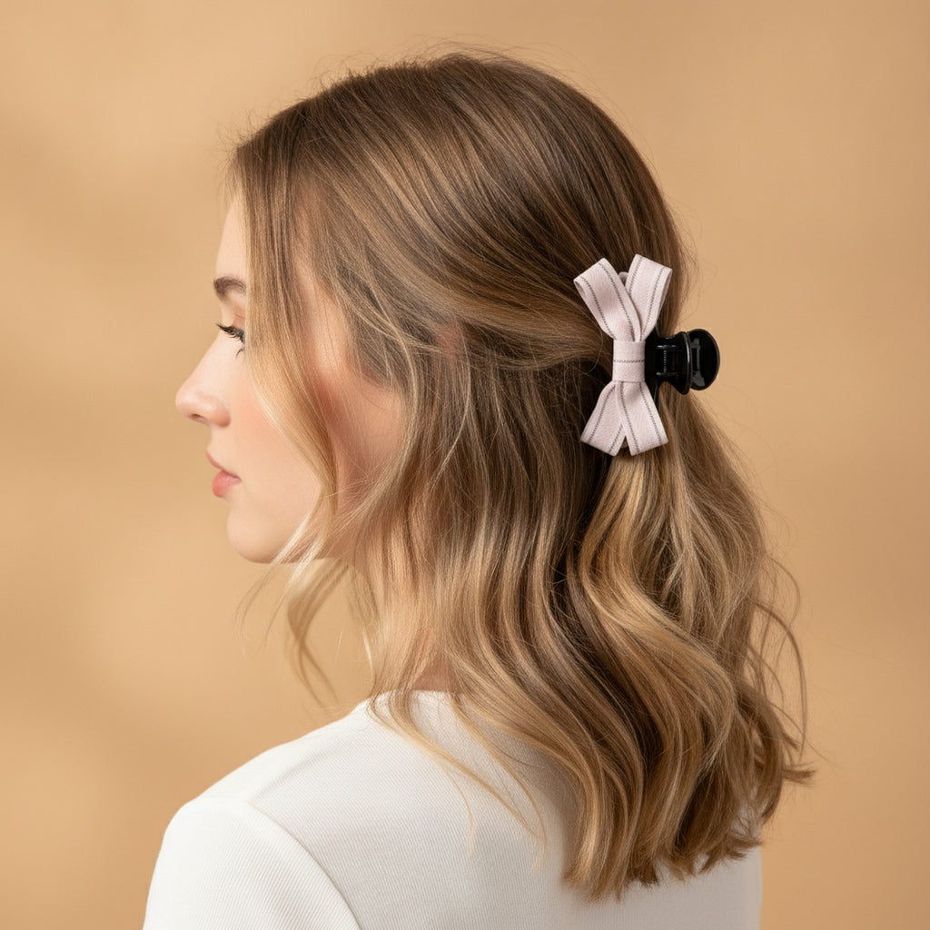 Pink Striped Ribbon Bow Hair Claw Clip – hair accessories (view 3)