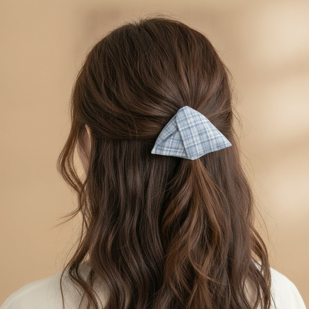 Blue Plaid Linen Hair Claw Clip – hair accessories (view 3)