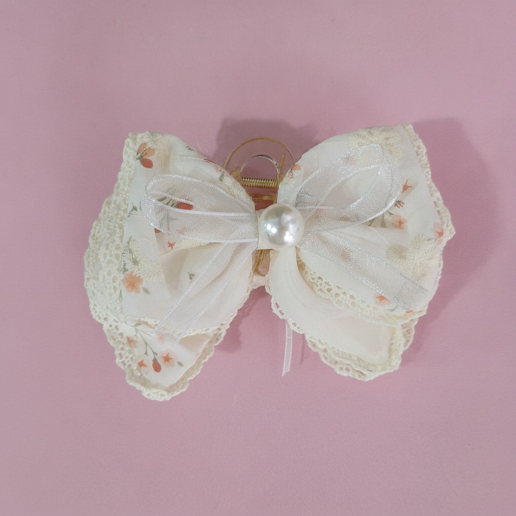 Cream Floral Lace Hair Claw With Pearl – hair accessories (view 2)
