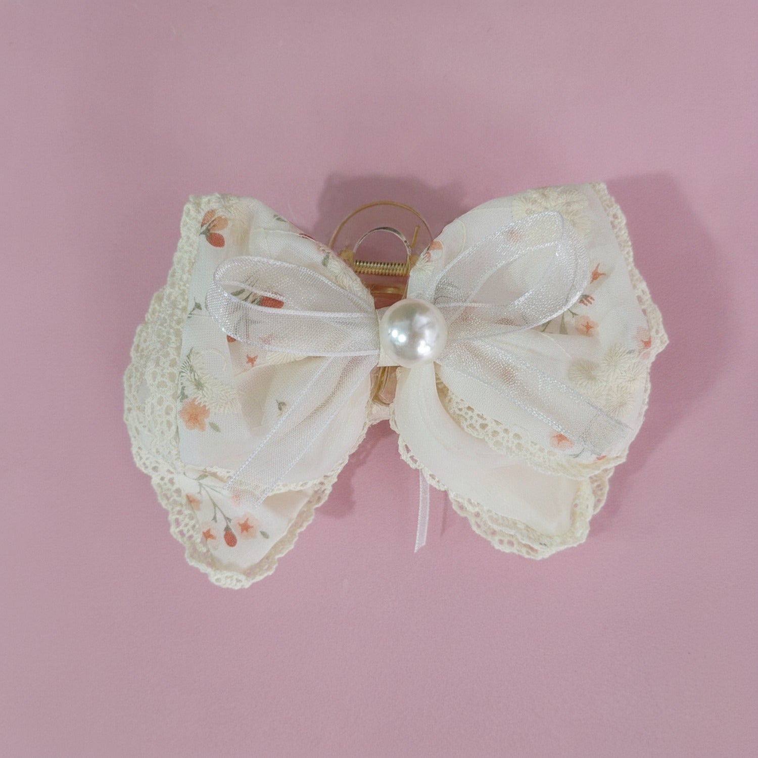 Cream Floral Lace Hair Claw With Pearl